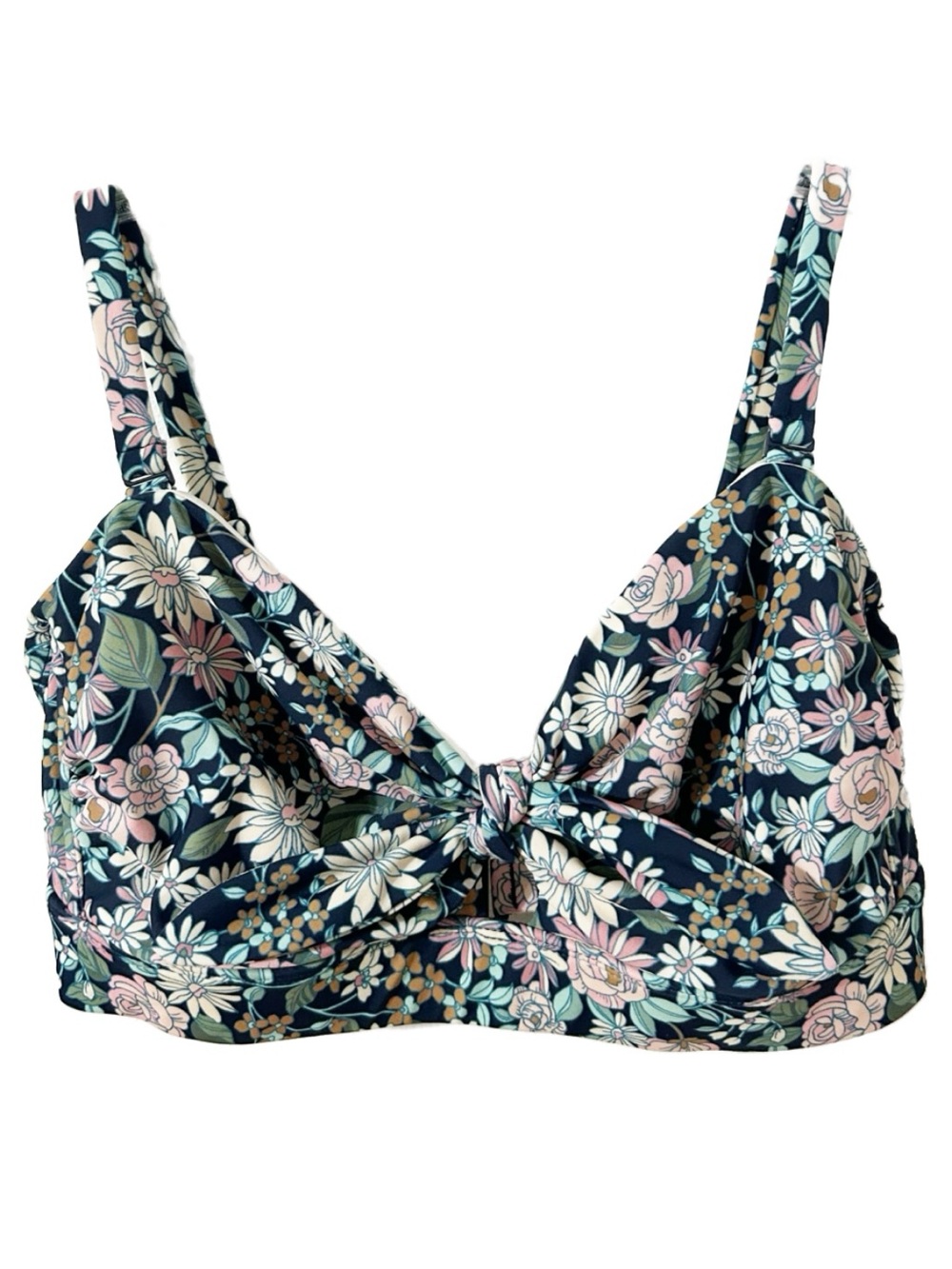 Kona Sol Floral Cinch-Front Bikini Top Navy Blue Pink Daisies Roses Size D/DD